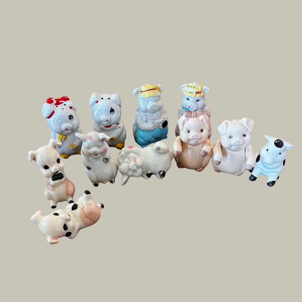 Vintage Ceramic Pig Figurine Collection Salt Pepper Shakers Farmhouse Decor Lot